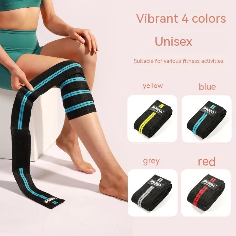 Adjustable sports knee pads for weightlifting and cycling in blue, yellow, red, and grey colours.