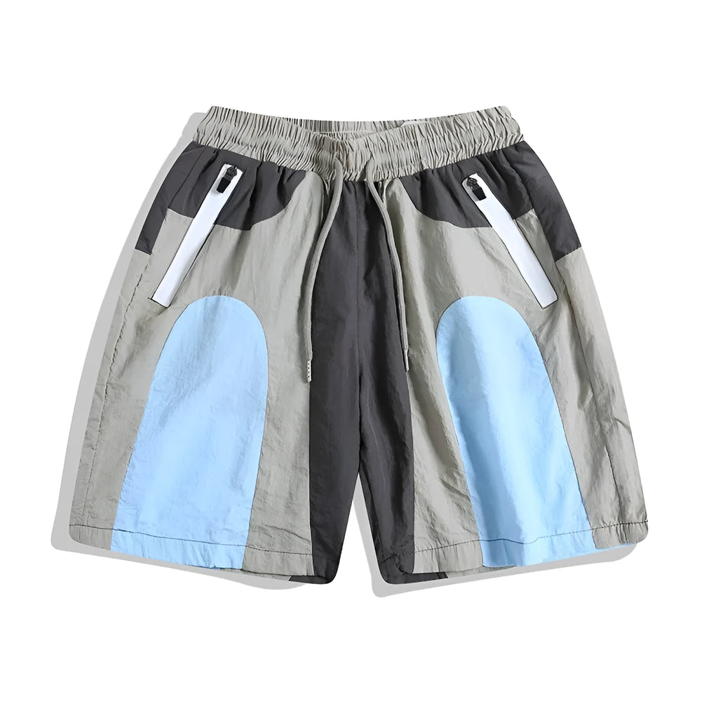 Blue loose-fit quick-drying beach shorts with elastic waistband shown flat