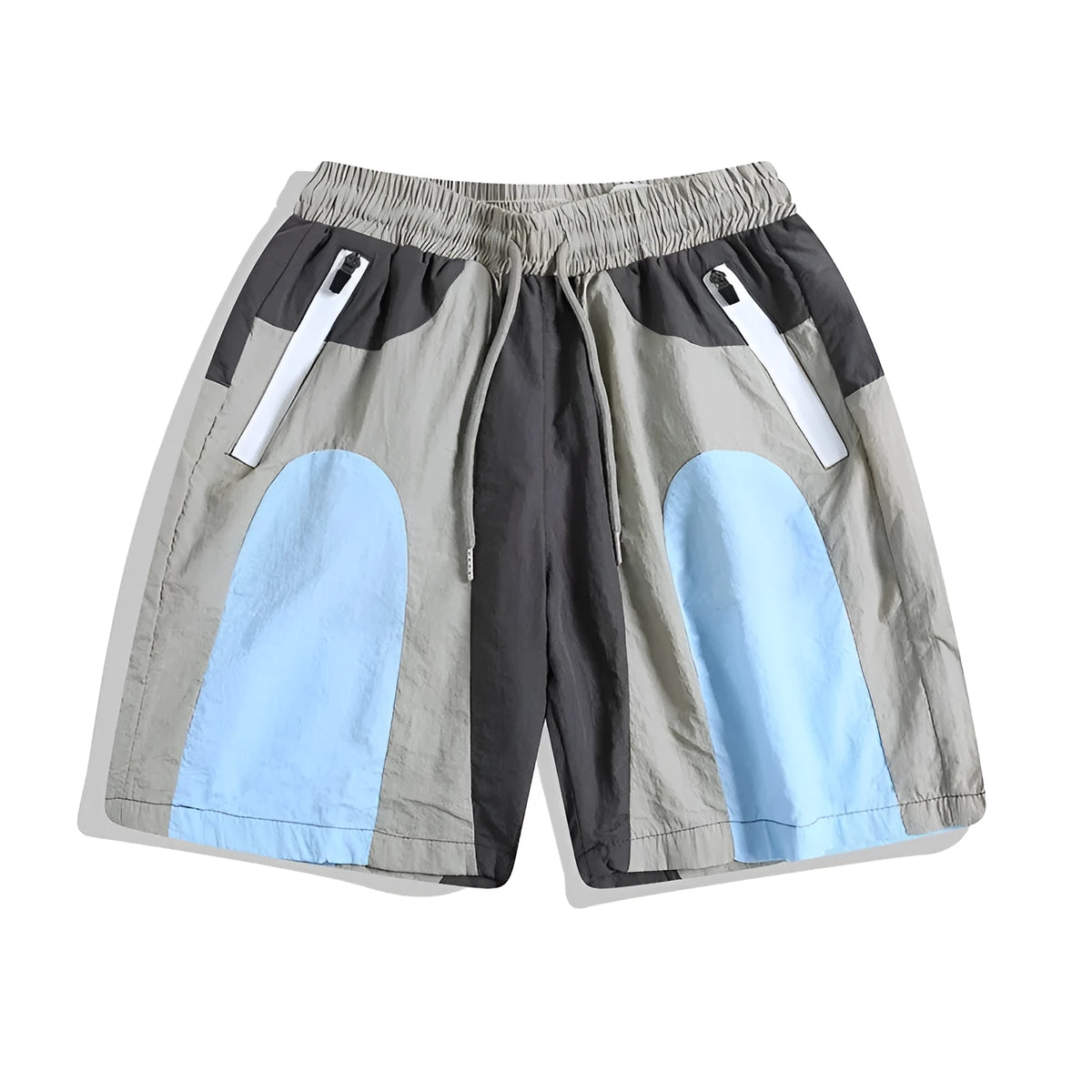 Blue loose-fit quick-drying beach shorts with elastic waistband shown flat