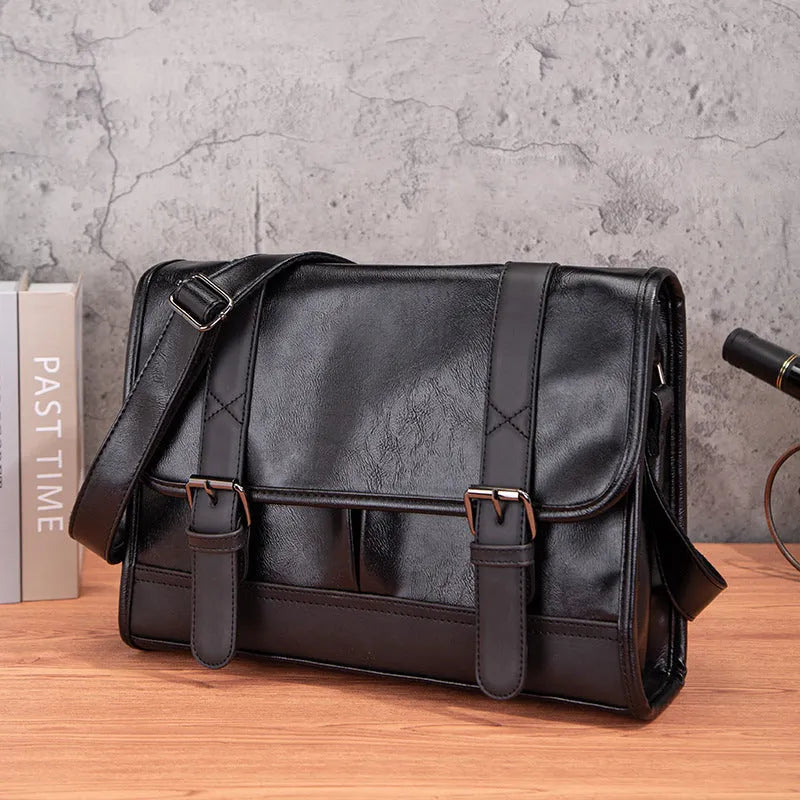 Black Korean style men's commuting backpack with anti-theft features and PU leather exterior
