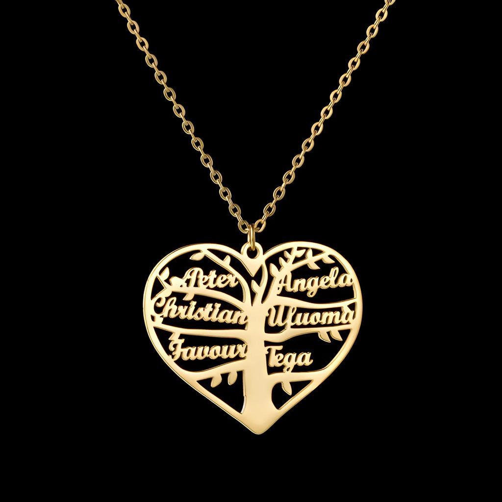 Personalised stainless steel name necklace with hollow heart and tree design pendant on an adjustable chain.