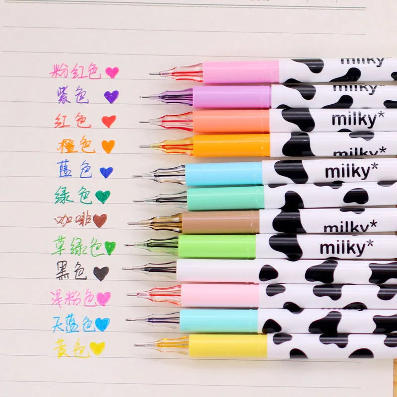 Cow colour gel pen set showing 12 assorted colours with 0.38mm fine tips