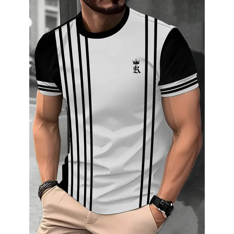 Men's striped digital 3D printed t-shirt in loose fit casual style with short sleeves