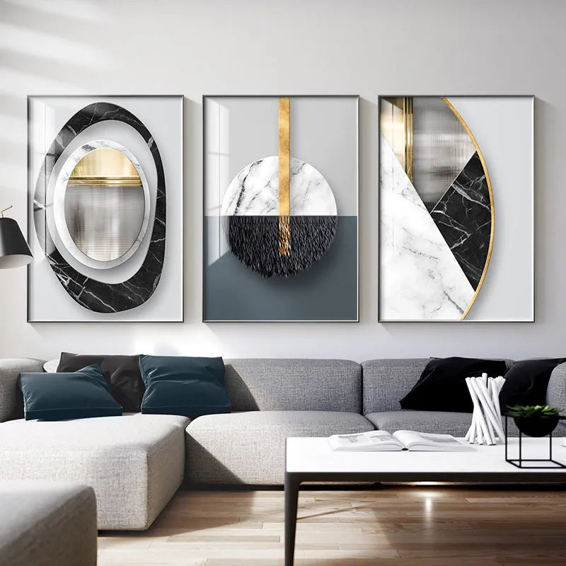 Abstract geometric pattern canvas wall art painting in a modern frame.