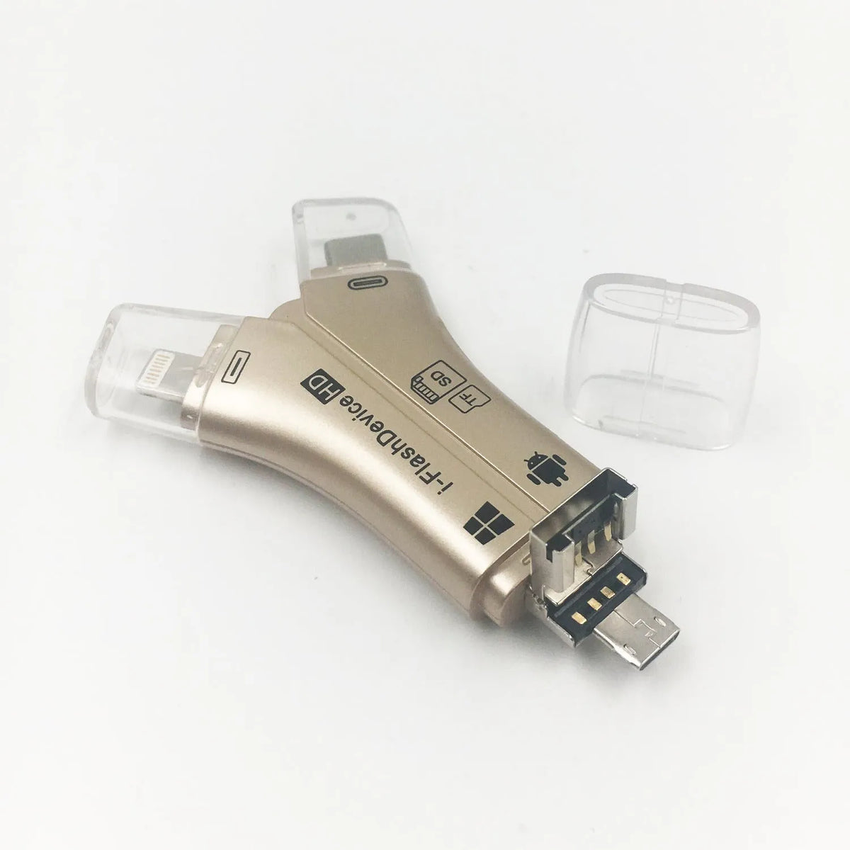 White 4-in-1 mobile phone card reader for Apple iPhone and Android devices with SD and MicroSD slots
