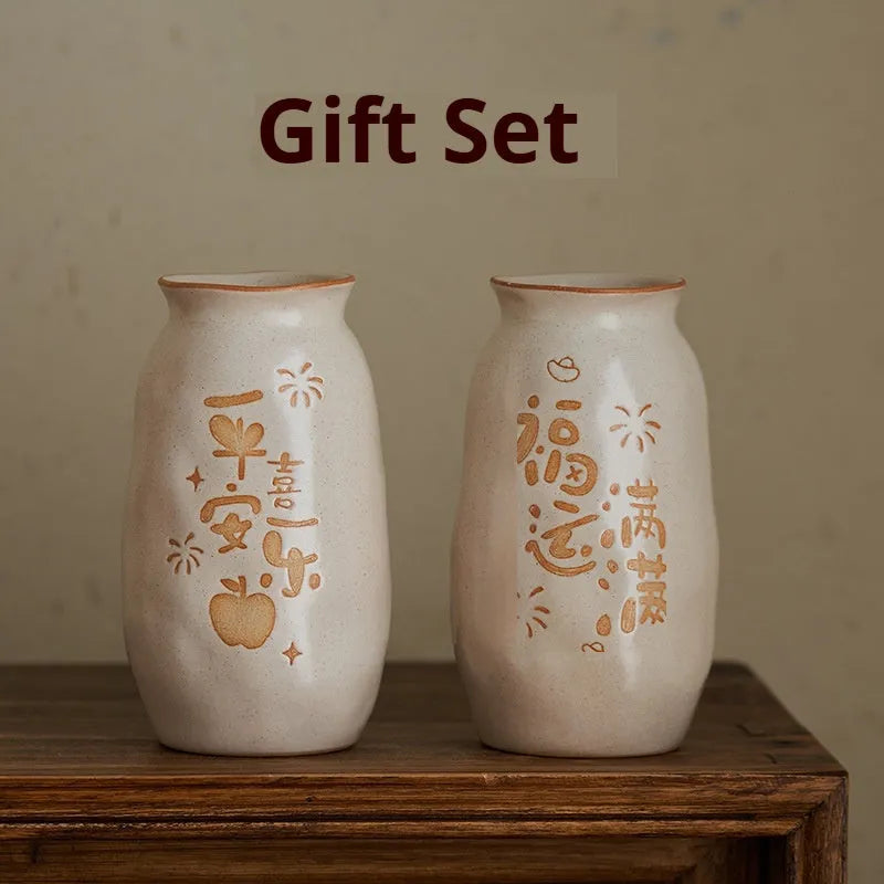 Chinese hand-painted ceramic joy vase with auspicious symbols on 8cm diameter base for desktop display