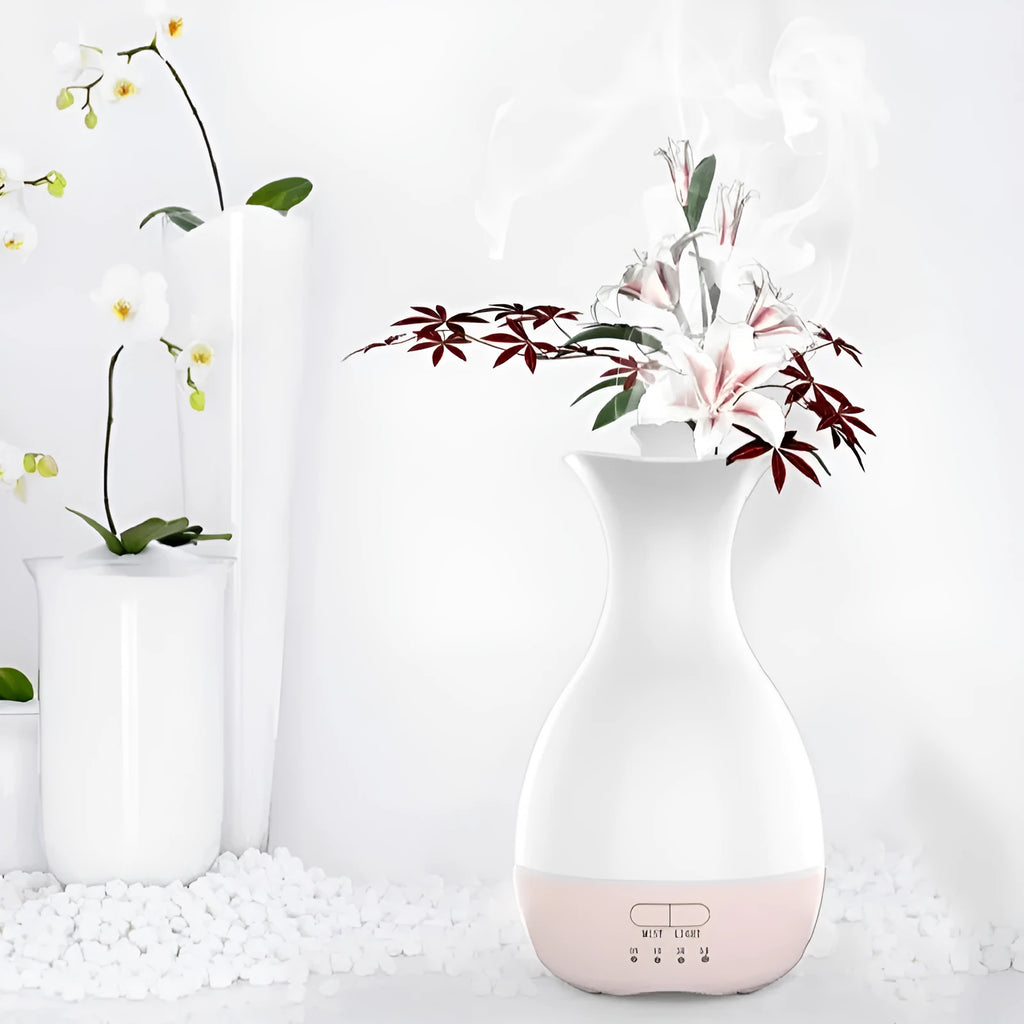 White ultrasonic humidifier and essential oil diffuser with colourful night light and 200ml water capacity