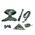 Six-piece adjustable dog harness set showing vest harness, lead, collar, poop bag holder, bow tie, and bandana in coordinating colours