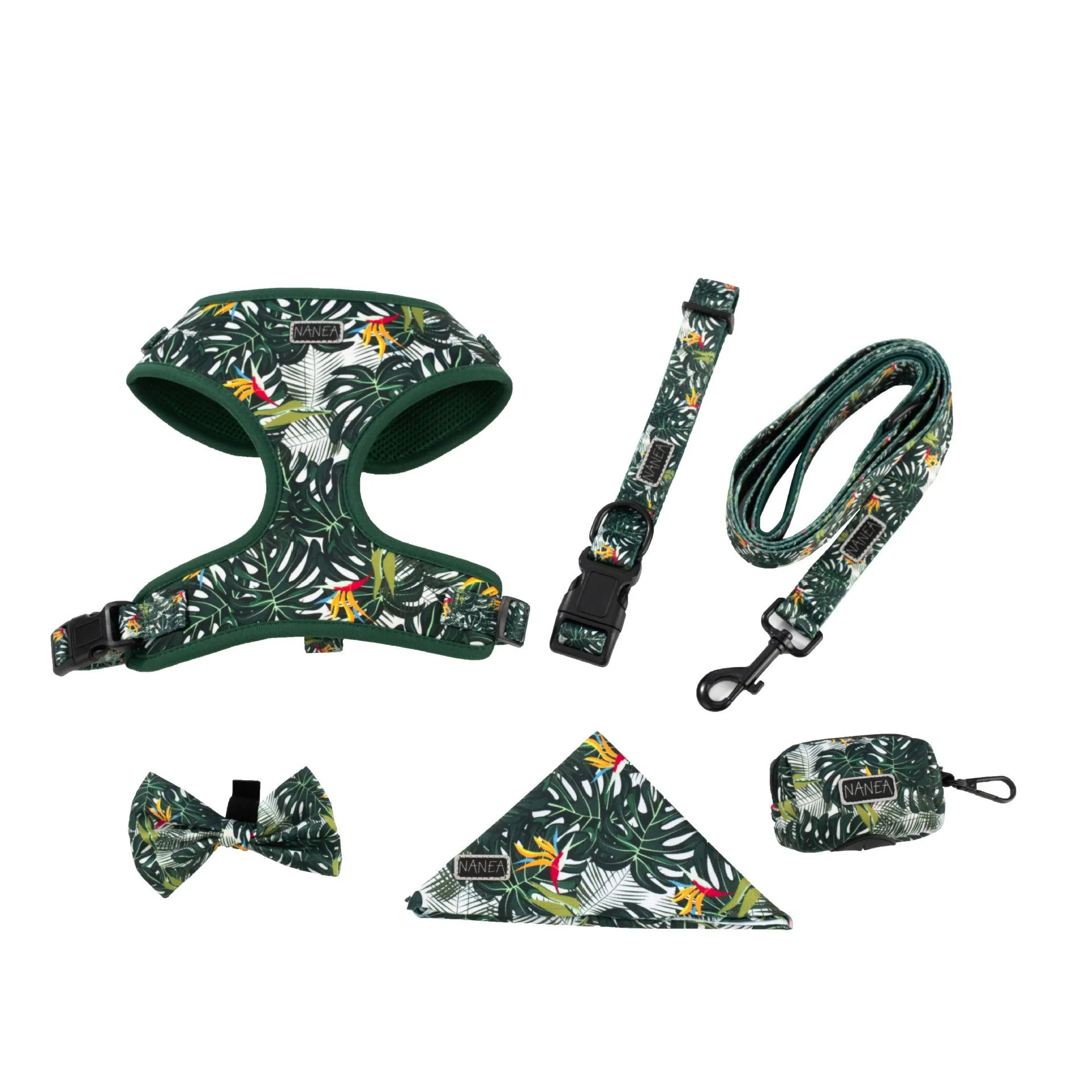 Six-piece adjustable dog harness set showing vest harness, lead, collar, poop bag holder, bow tie, and bandana in coordinating colours
