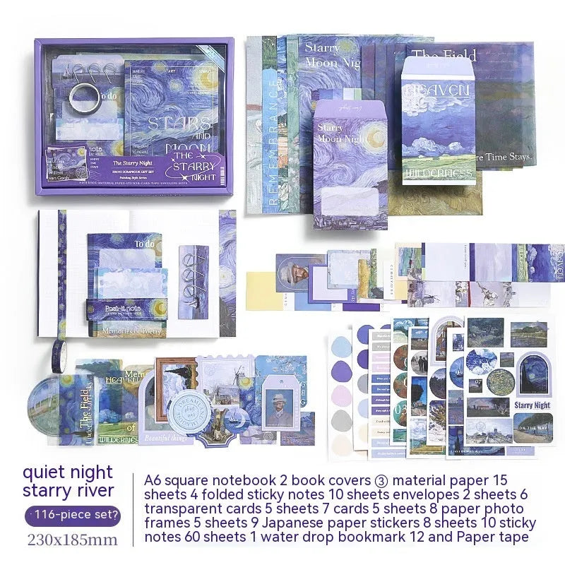 A6 grid creative journal gift box with notebook, bookclothes, decorative papers, cards, and photo frames.