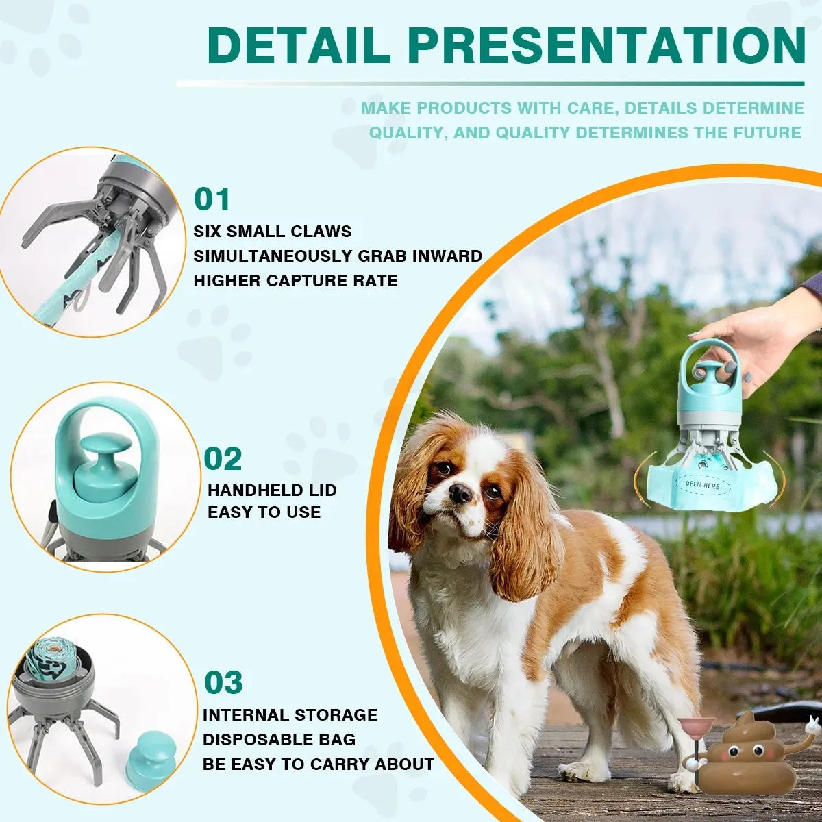 Blue and orange portable pet pooper scooper claw tools with built-in waste bag dispensers.