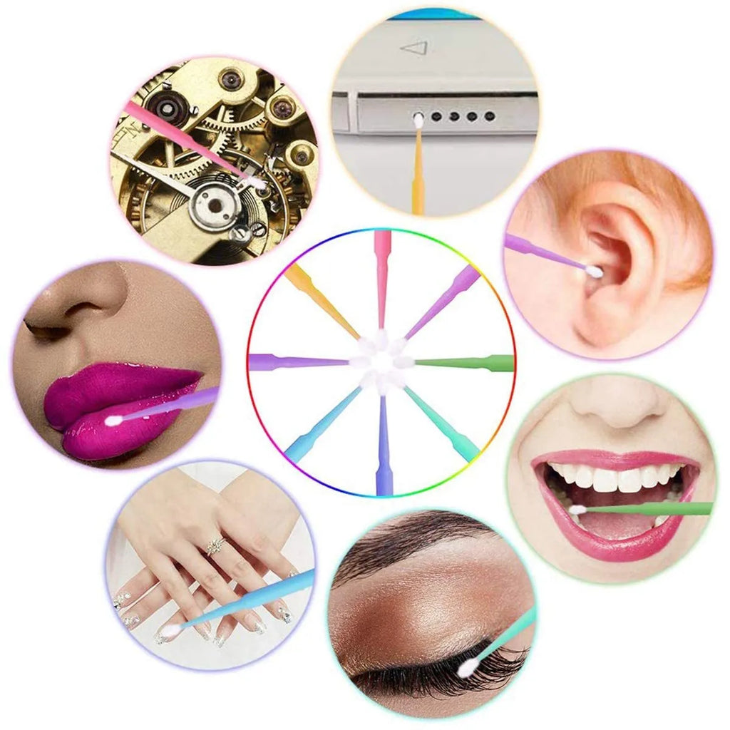 Pack of disposable micro applicator brushes with colourful bendable handles and cotton tips.