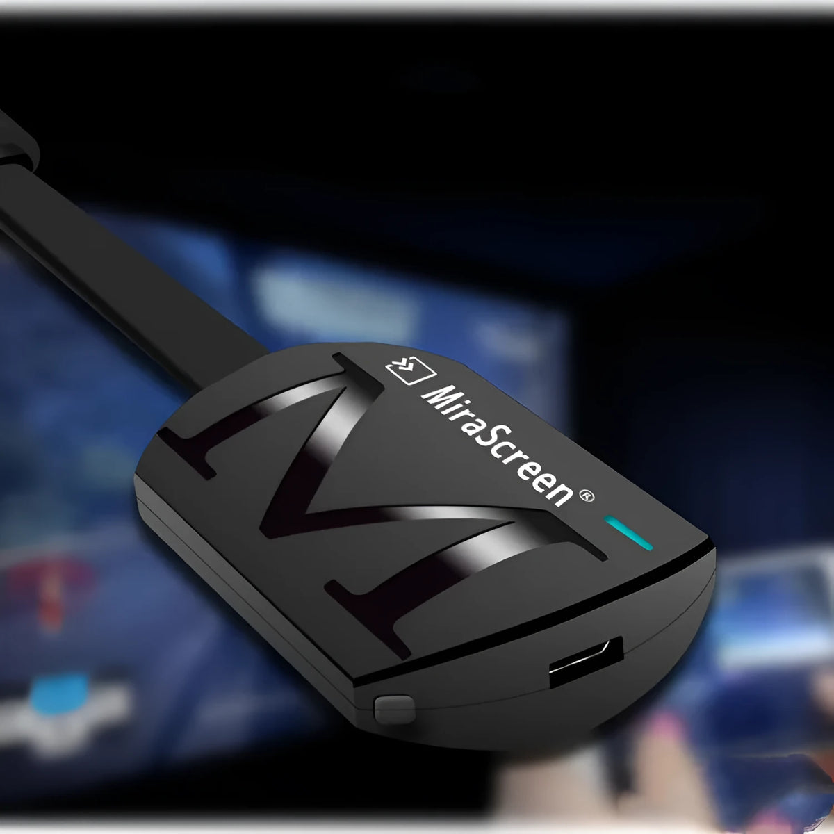 Black USB HDMI TV dongle for smartphone screen mirroring, measuring 52mm by 26mm.