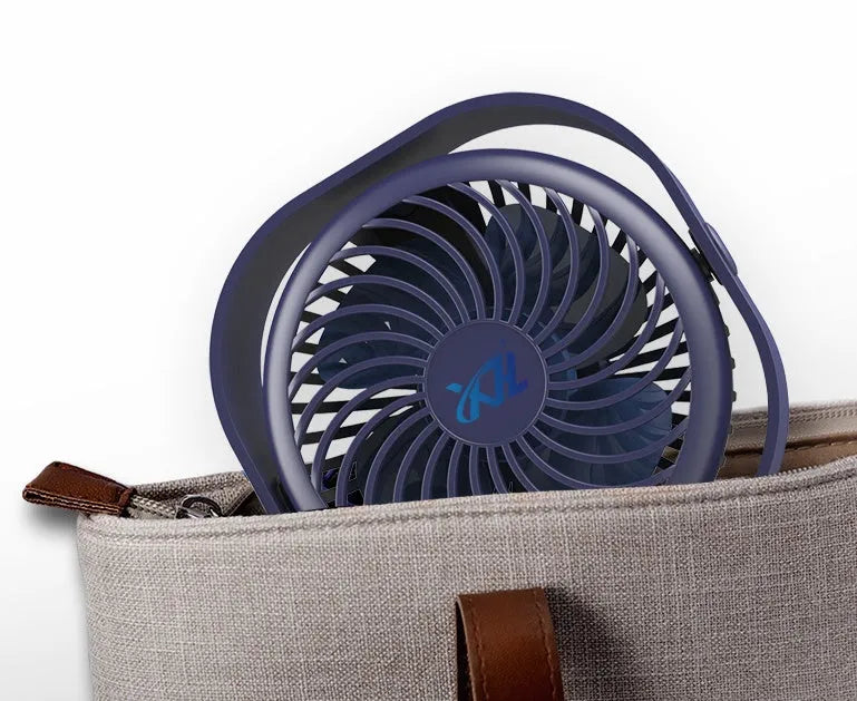 USB-powered desktop fan with alarm clock style in blue, pink, green, or white, showing 360-degree rotation.