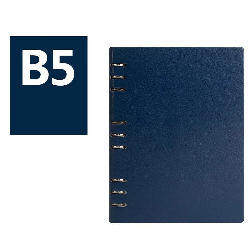 Loose-leaf business notebook in seaweed green imitation leather cover showing A5 size with beige paper