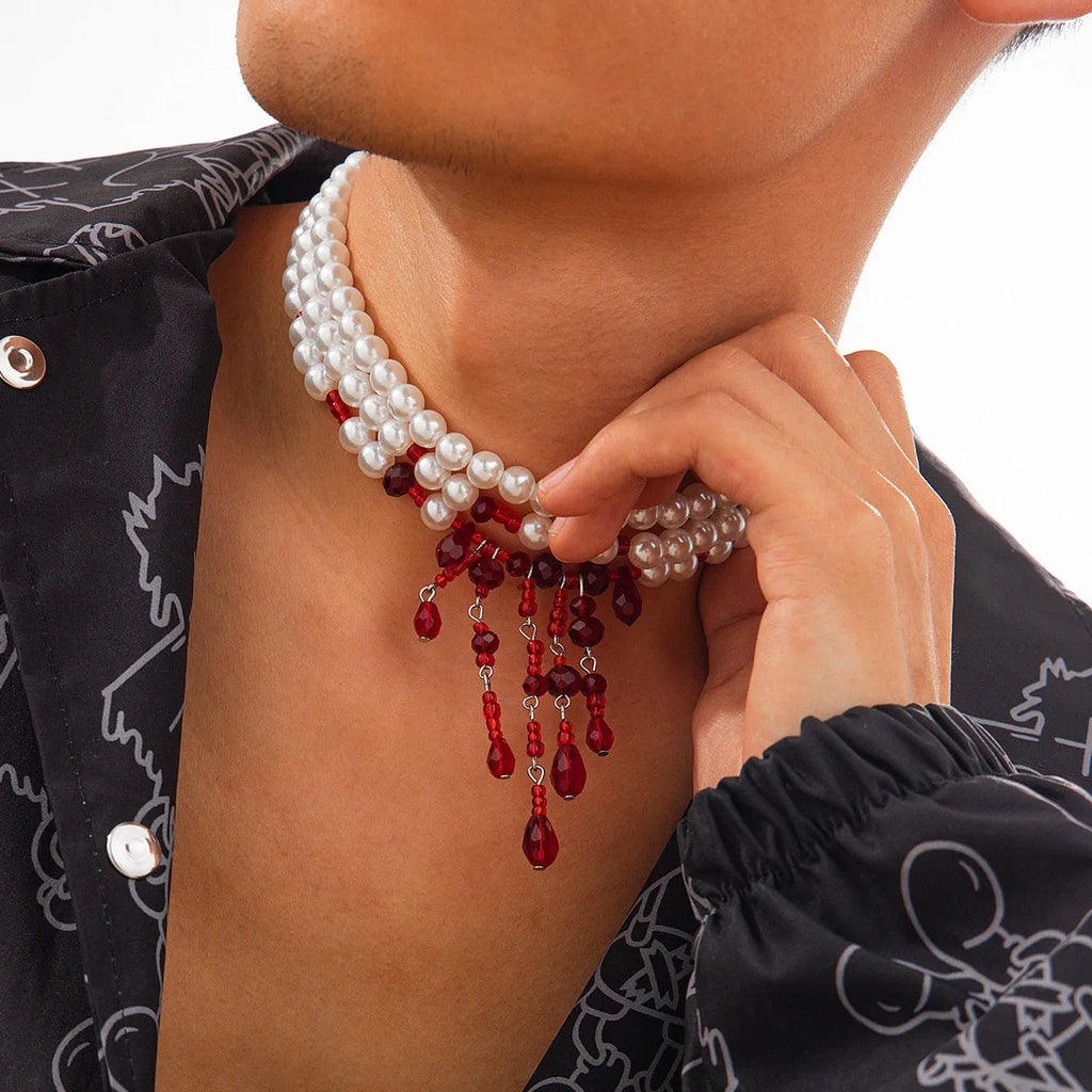 Men's Halloween blood drop crystal pearl necklace with geometric design and adjustable chain