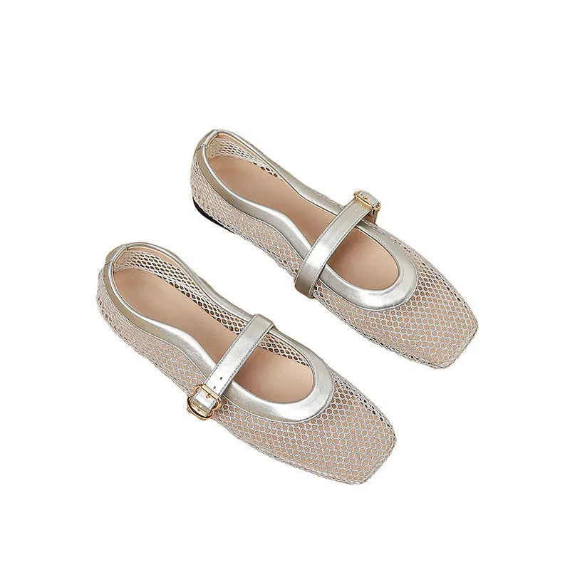 Women's beige mesh breathable pumps with a buckle fastening and square toe.