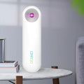 White portable UV sterilizer lamp showing compact dimensions of 116mm length with battery capacity and disinfection specifications