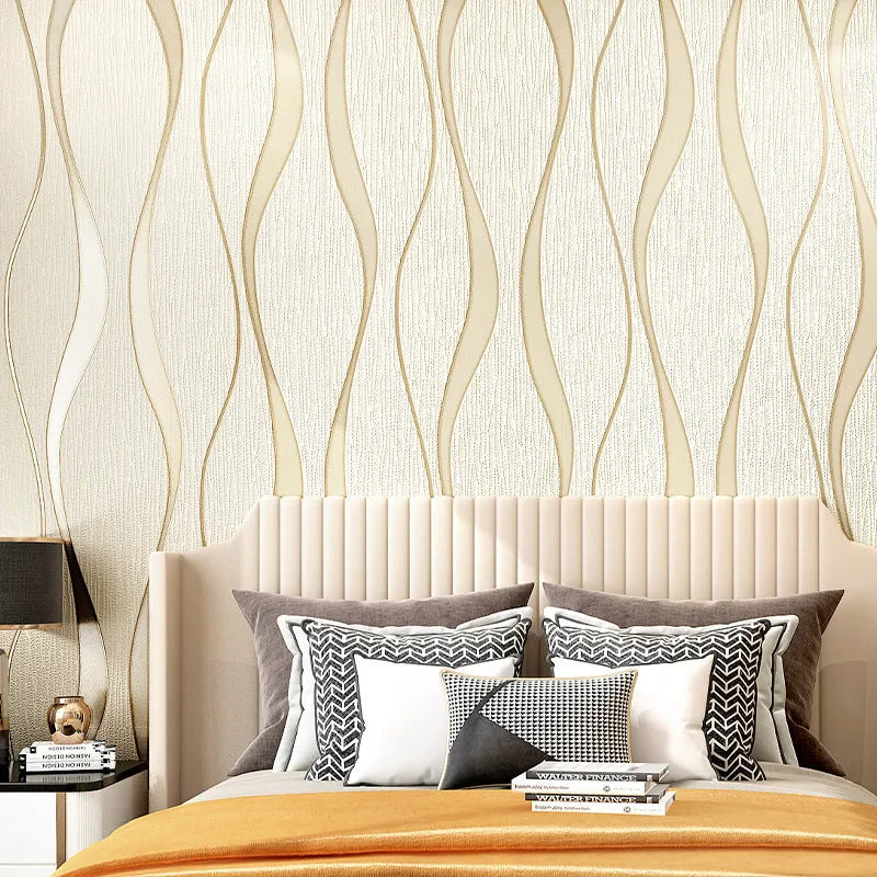 Curve Stripe 3D textured wallpaper roll in deerskin velvet finish, showing light grey and dark brown colour options.