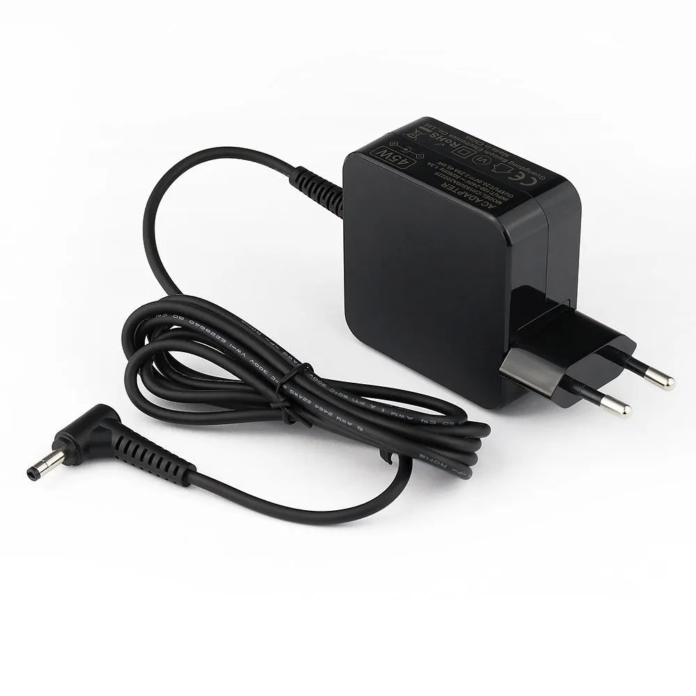 Black 45W laptop power adapter with DC charging cable and US plug