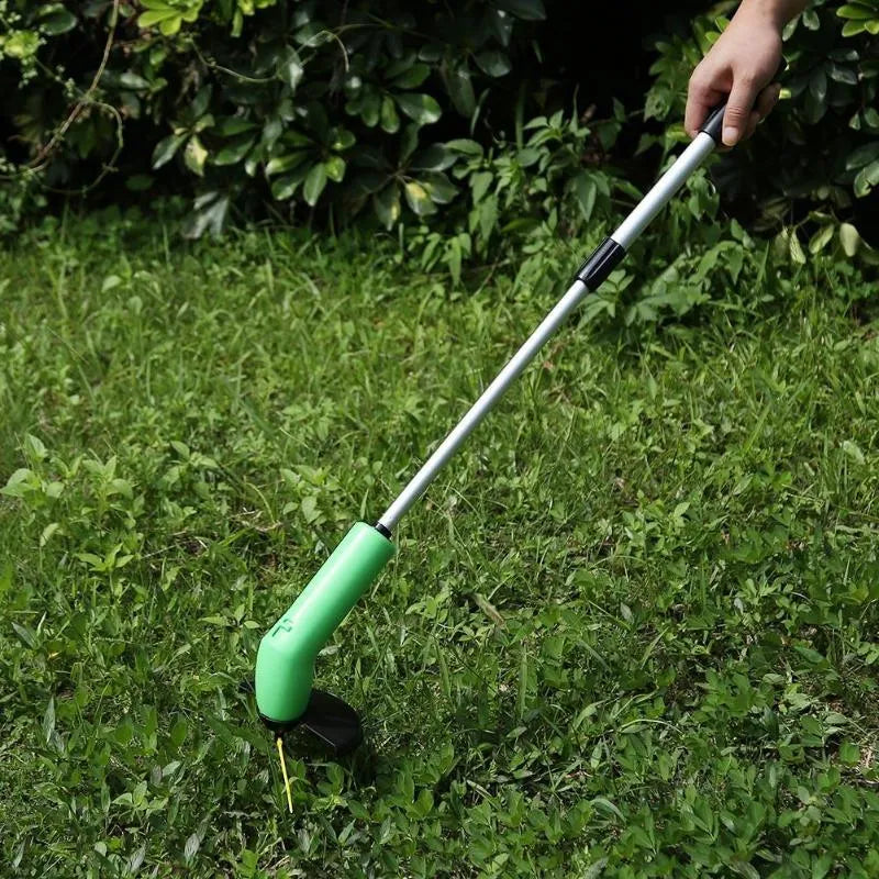 Cordless lawn trimmer with extension pole and protective shield for garden maintenance