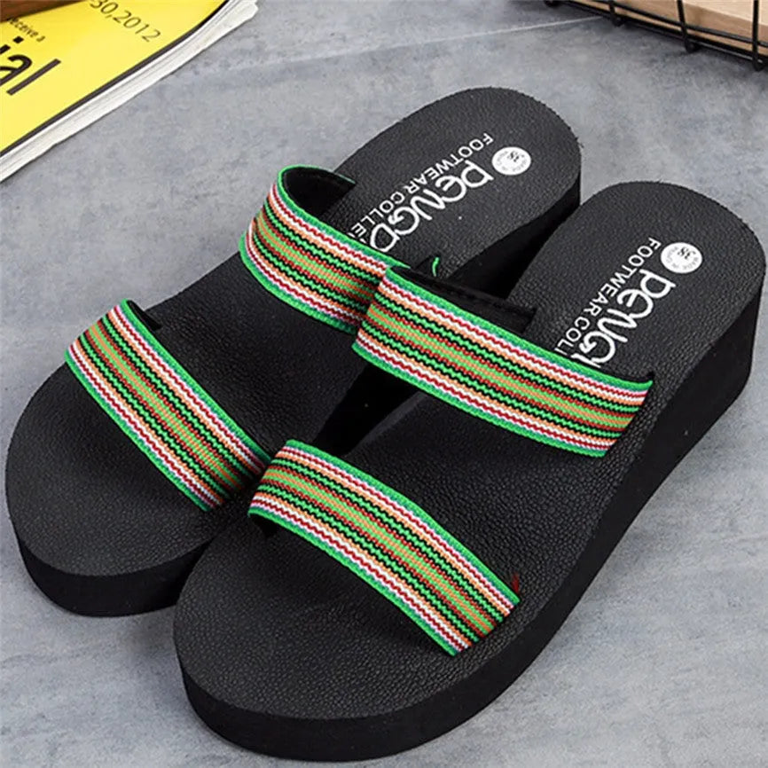 Women's brown bohemian slipper with elastic EVA upper and rubber sole, showing the heel height and strap.