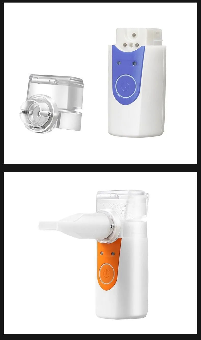 White columnar plastic USB handheld nebuliser spray machine with water tank on a table.