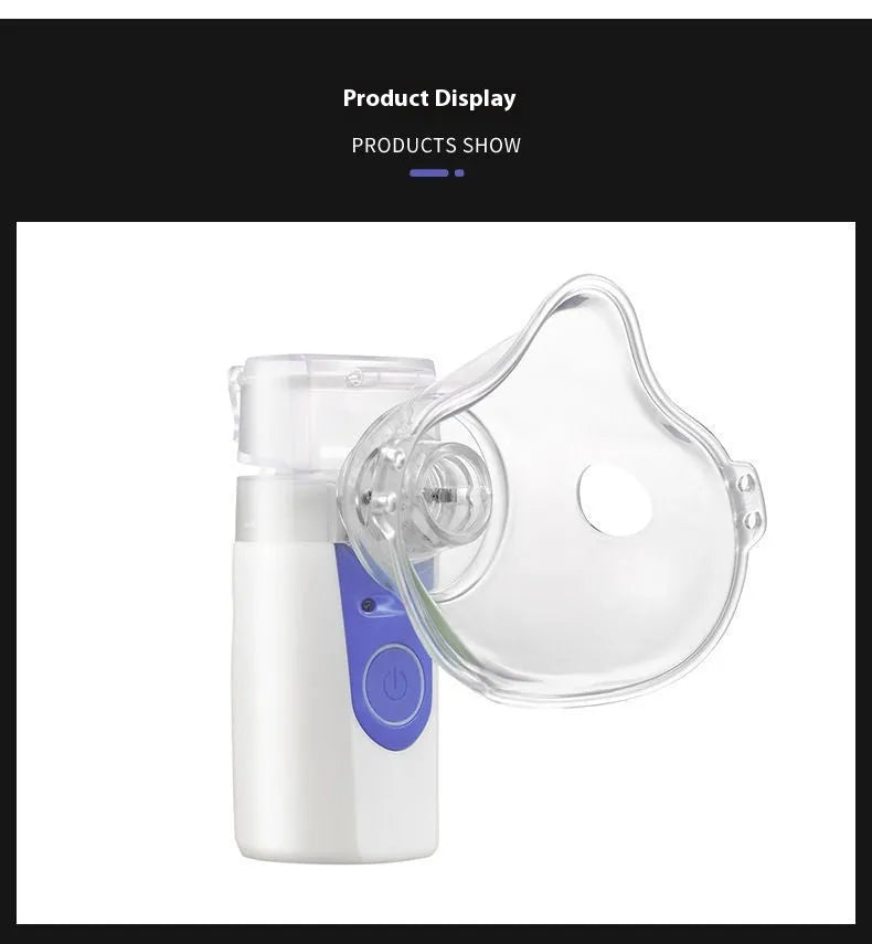 White columnar plastic USB handheld nebuliser spray machine with water tank on a table.