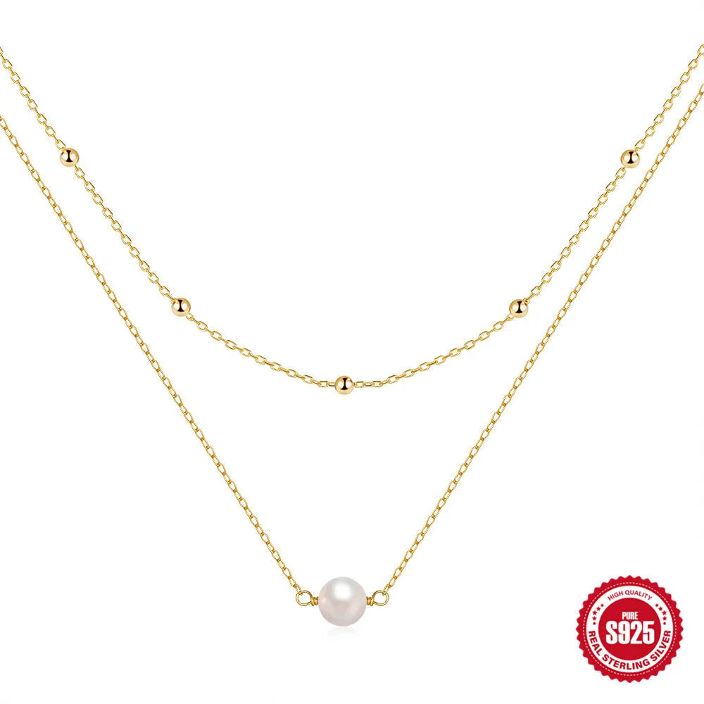 S925 sterling silver double layer necklace with twin pearls and ball bead chain in gold colour
