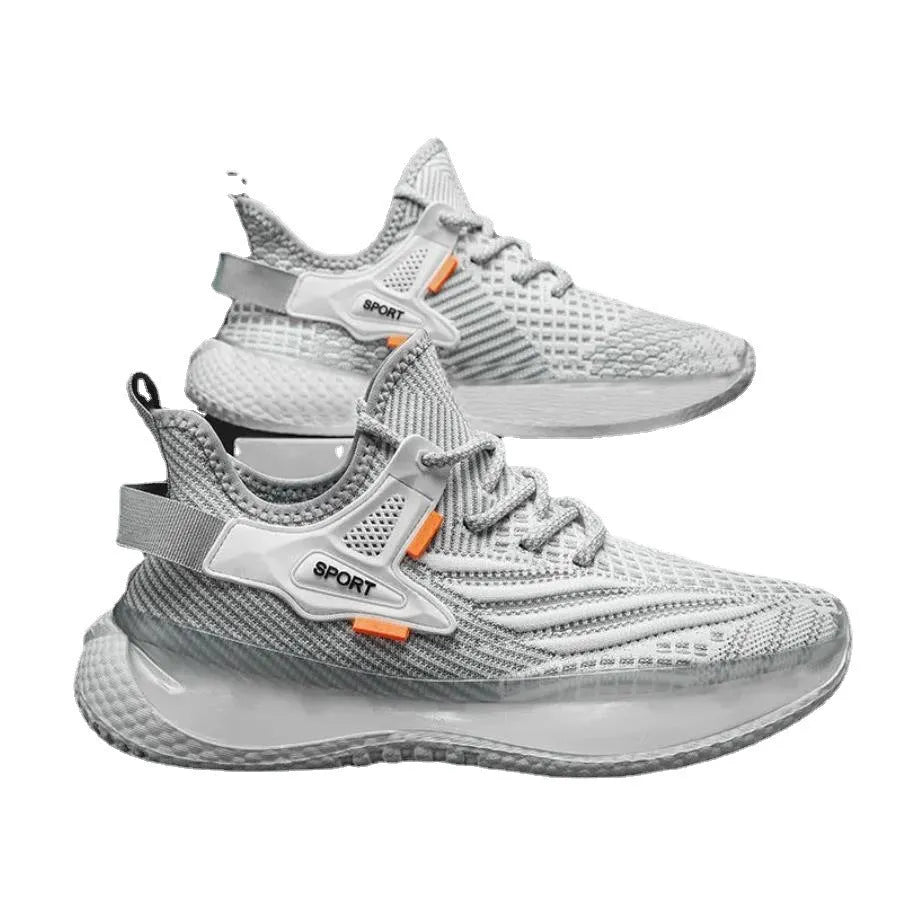 Men's white mesh platform sneakers with flat heel and front lace-up design