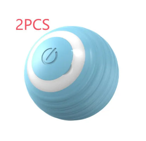 Blue automatic moving cat toy ball with USB charging cable on wooden floor
