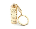 Gold-coloured waterproof zinc alloy portable LED flashlight on a keychain ring.