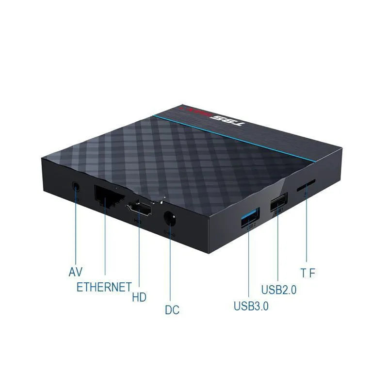 Black T95 Max Plus Android TV box with remote control, showing choice of UK, US, and EU plug options.