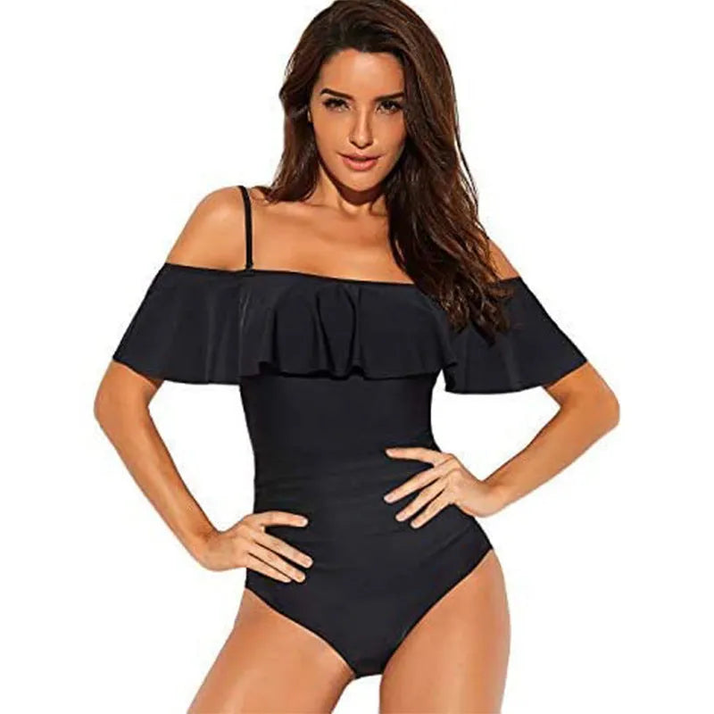 Black one-piece swimsuit with cut-out tube top and ruffled straps on a mannequin