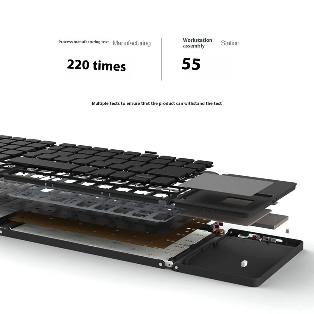Mini tri-fold Bluetooth keyboard in black showing unfolded typing surface and thin profile
