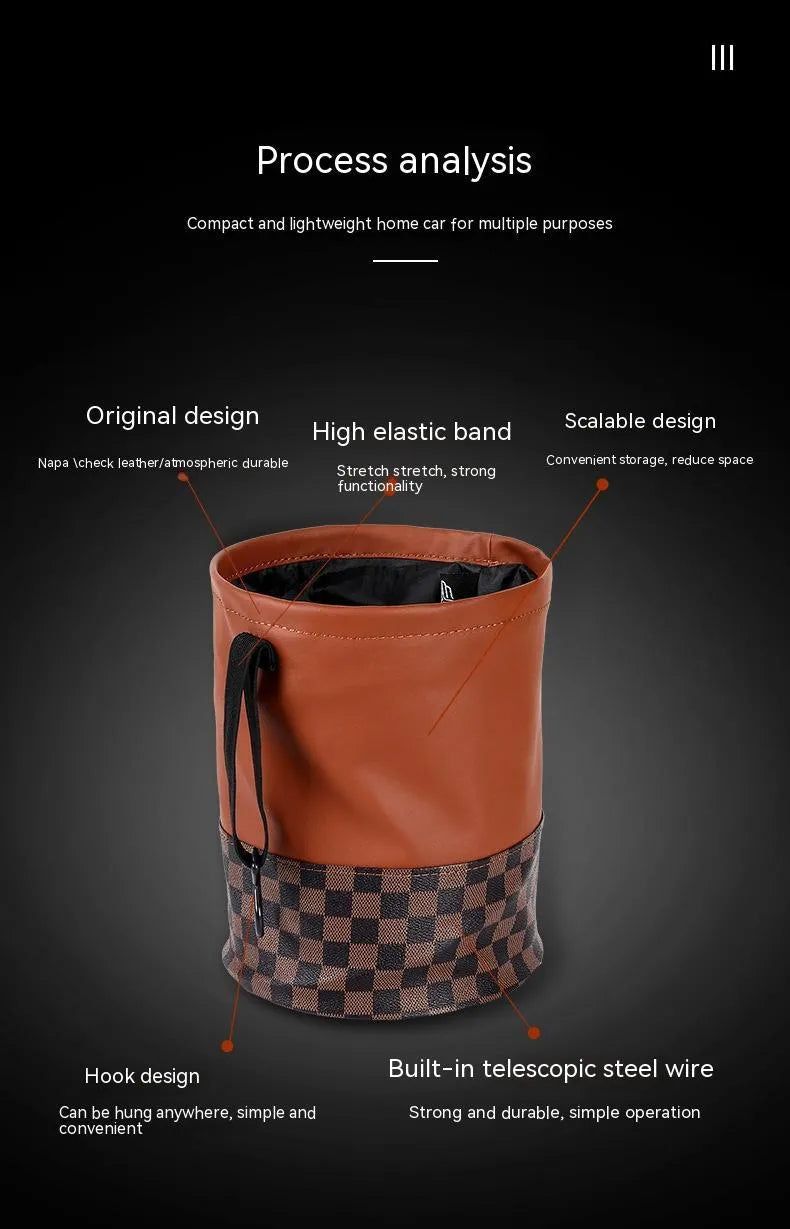 Retractable leather interior car trash can shown in colour as per product image