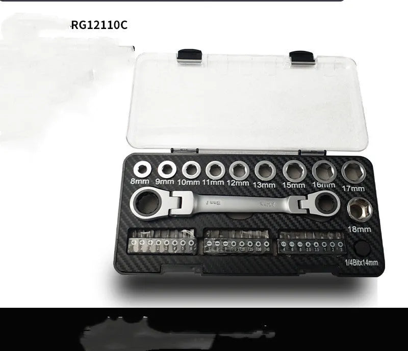 Dual-purpose ratchet wrench set with reversible handle, ten sockets, and three screwdriver bit heads laid out.