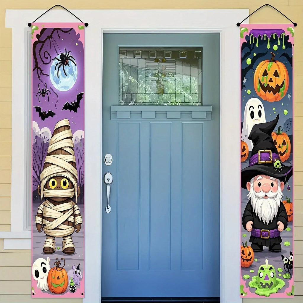 Pair of polyester Halloween couplet banners measuring 30x180cm each for seasonal decoration displays