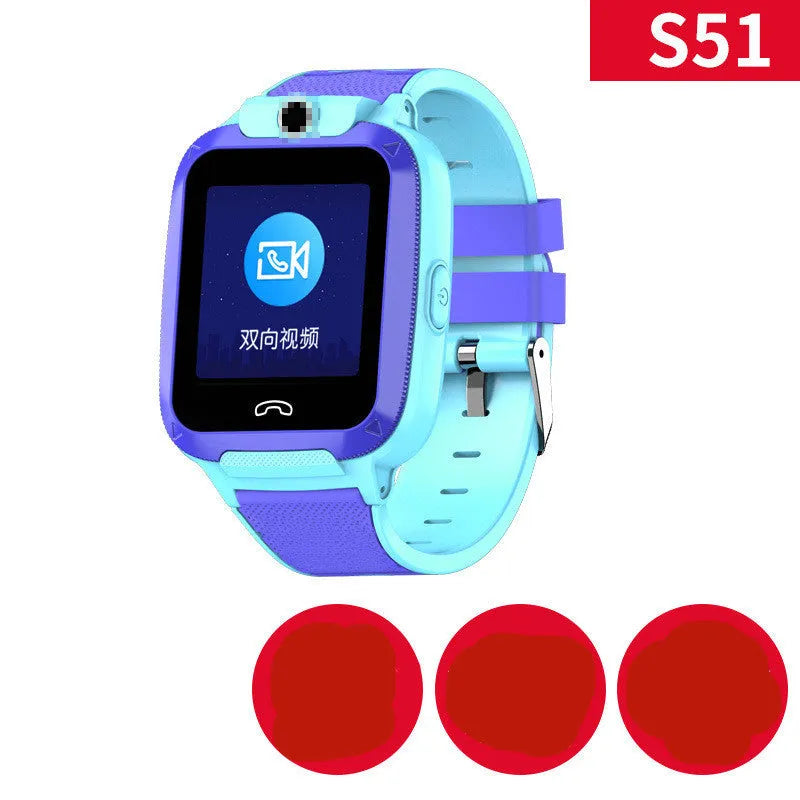 Blue children's smartwatch with a 1.44-inch screen on a silicone strap for GPS and video calls.