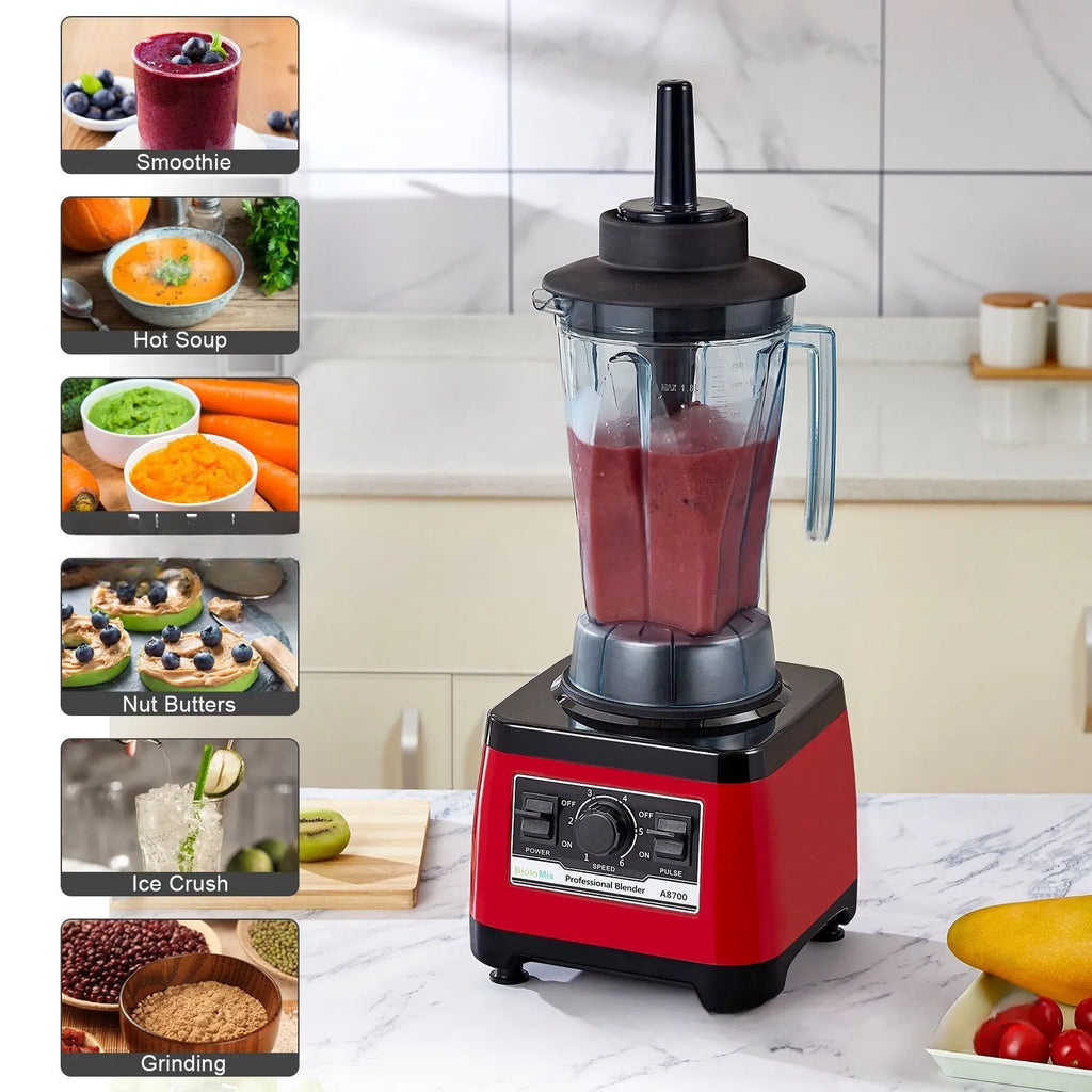 Red A8700 model commercial blender with 2200W motor and 2-litre capacity jug.