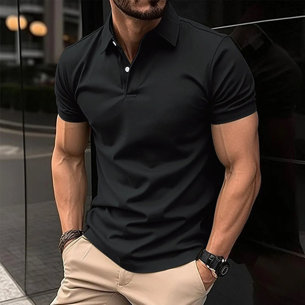 Men's solid colour short sleeve polo shirt with button-down lapel collar on a hanger.