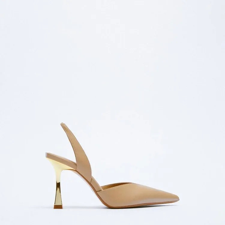 Women's patent leather pointed toe high heels in apricot colour Korean style shallow mouth design