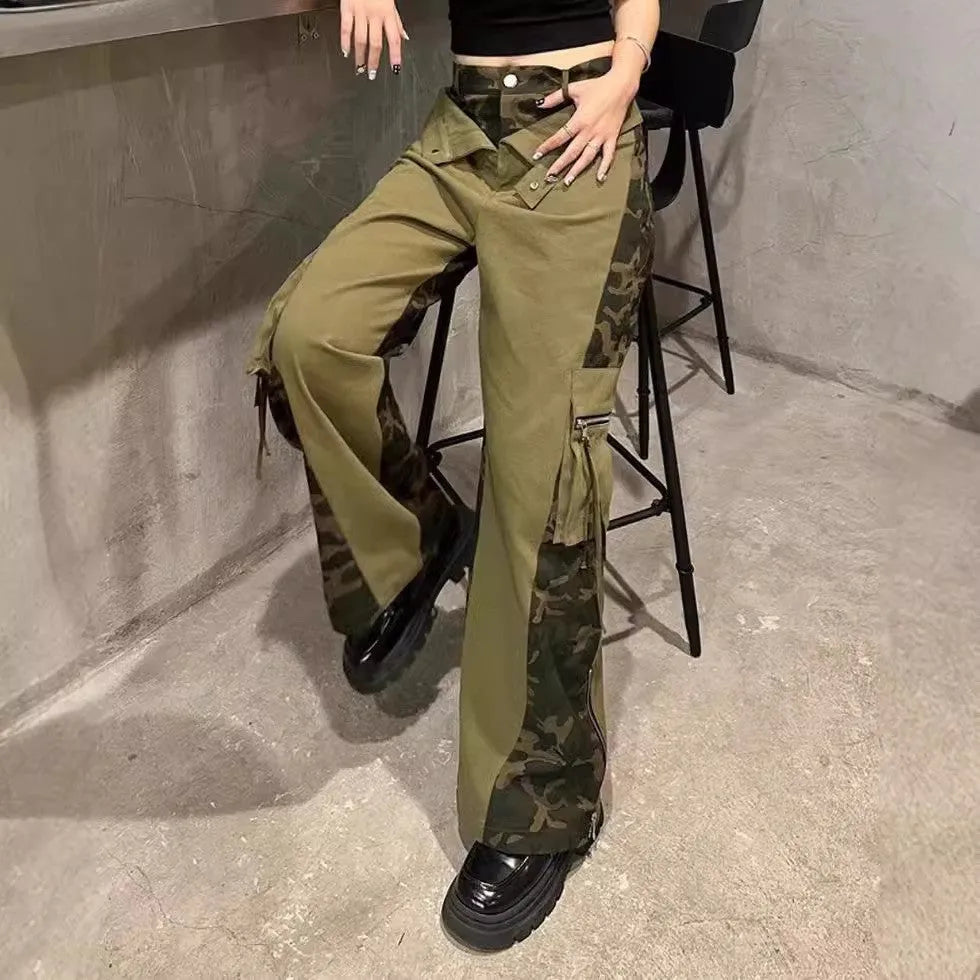 Women's retro high waist straight leg jeans with leopard print pattern on dark khaki denim and tooling style details