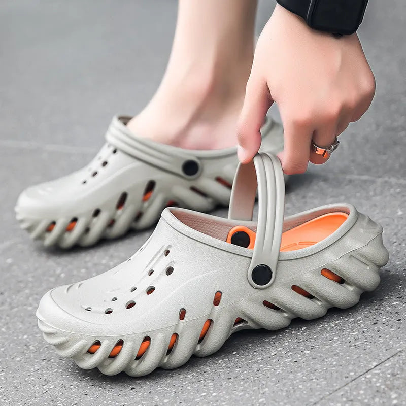 Men's beige EVA slipper sandals with hollow-out design and non-slip soles