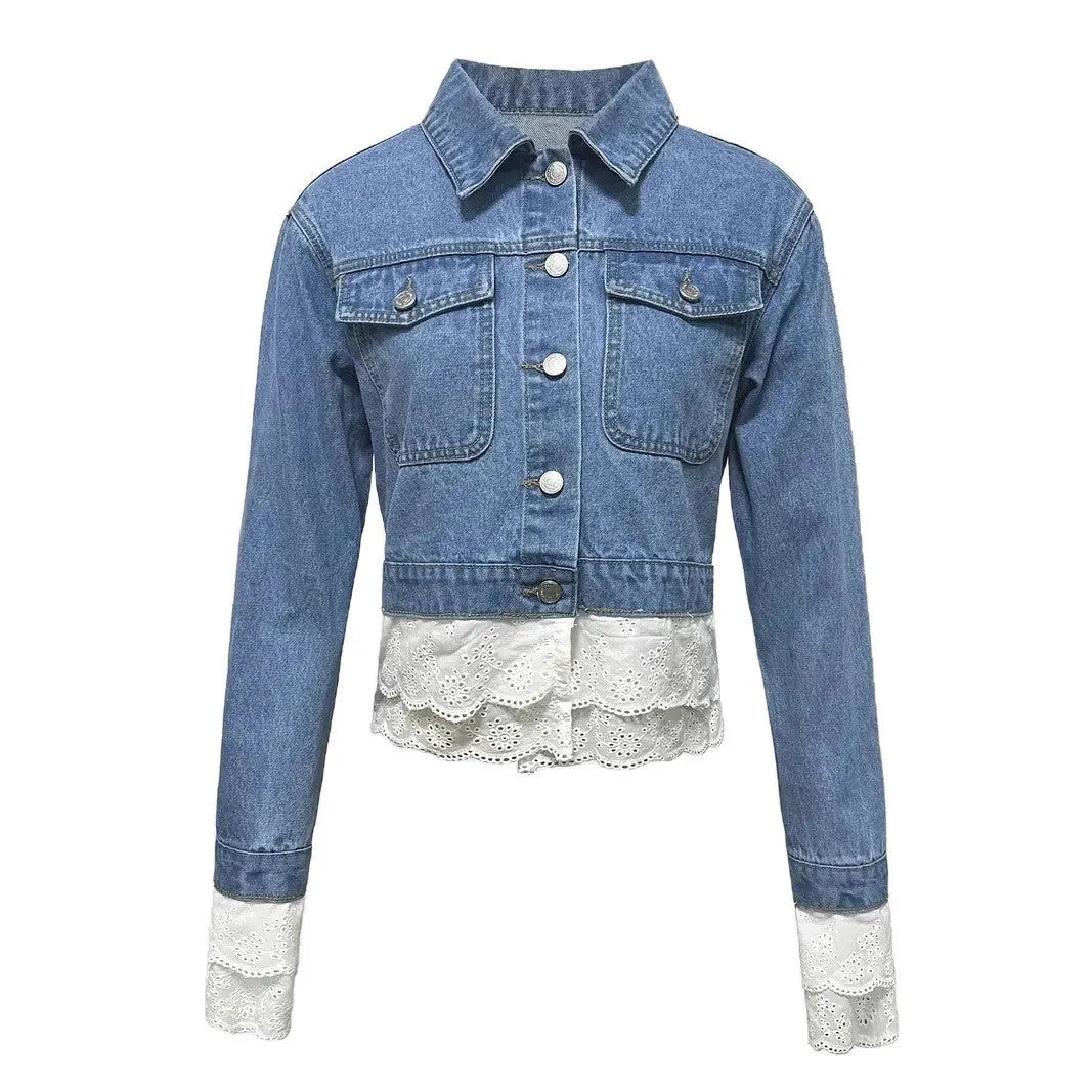 Blue women's denim jacket with decorative lace stitching detail on the front.