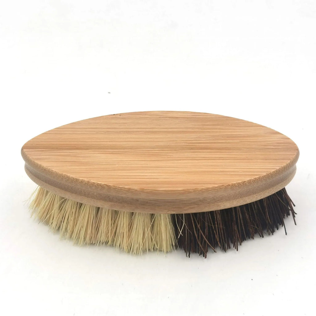 Bamboo vegetable brush with two-tone painted finish and oval shape for fruit and vegetable cleaning