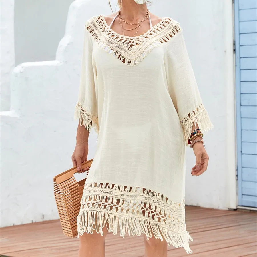 Apricot crochet patchwork beach dress with half sleeves and midi length in hipster street style