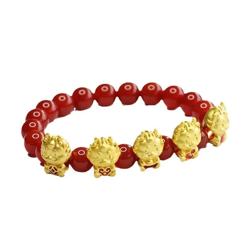 Red agate bracelet with Chinese dragon motif on 8mm beads.