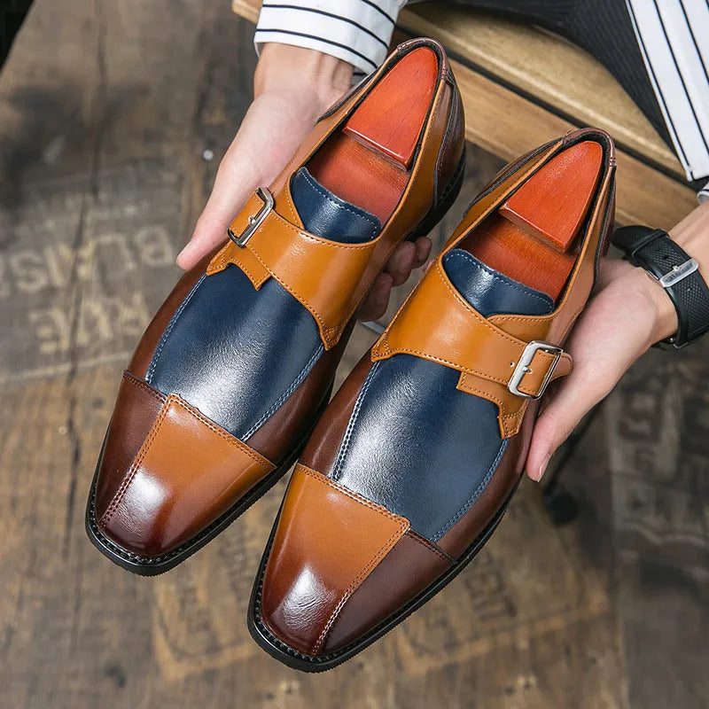 Men's brown-blue and black retro buckle casual leather shoes with tall crown