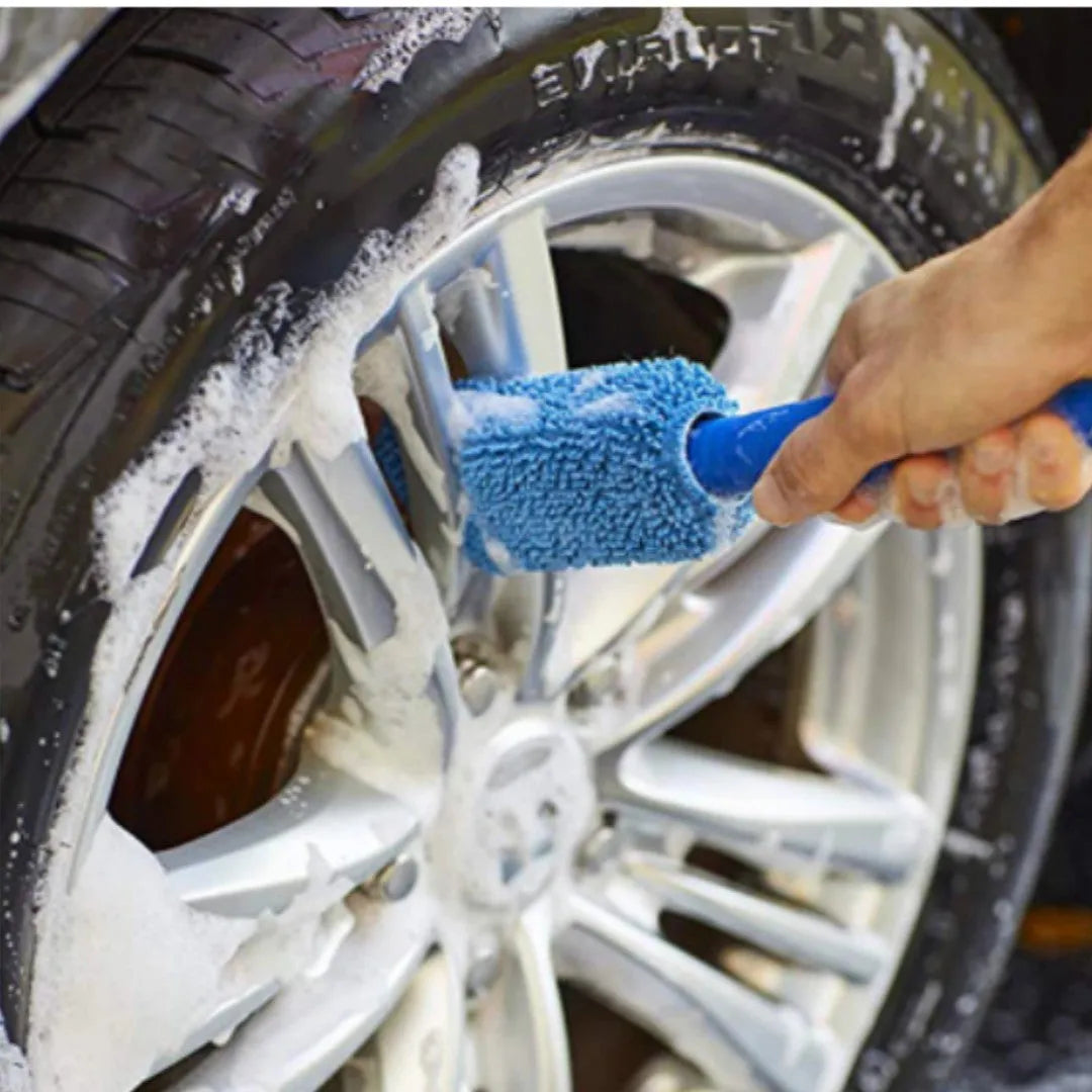29cm long handle microfiber tyre brush for car wheel cleaning in blue colour